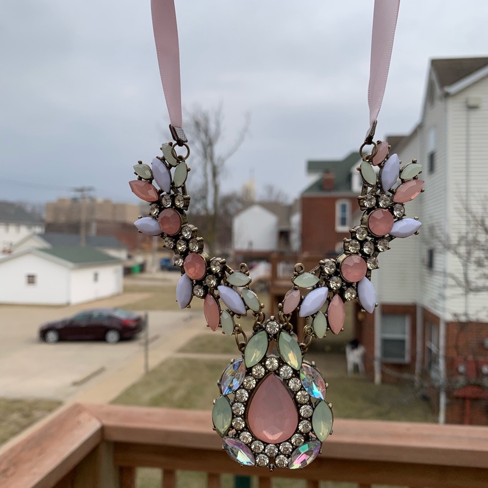 Pink Green White Jeweled Teardrop Necklace - Picture 7 of 8